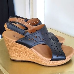 Clarks Black eyelet leather sandal wedge